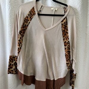 Umgee Beige Waffle Knit Top with Leopard Accent and Brown Hem